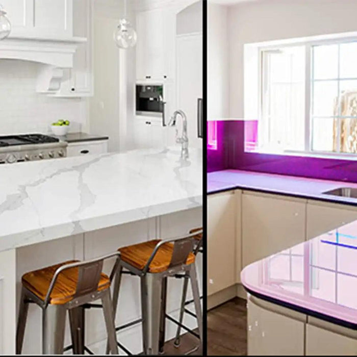 Modern kitchen with LED backlit glass countertop and feature glass backsplash in purple glow