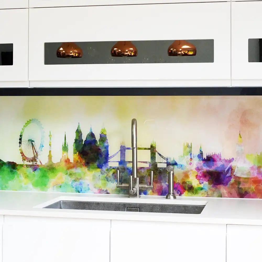 Colorful watercolor London skyline glass backsplash in modern kitchen with copper lights