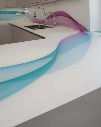Bespoke glass kitchen countertop with wave design in blue and purple, modern luxury interior