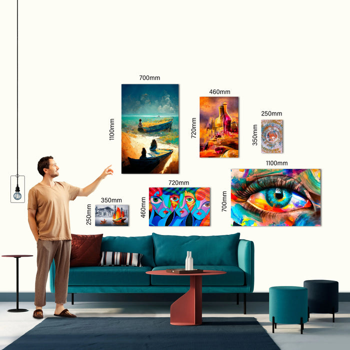 Man pointing at colorful wall art prints in modern living room, showcasing various sizes for home decor