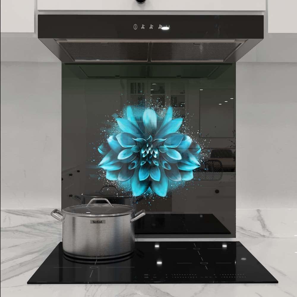 Bespoke glass splashback with blue floral design in modern kitchen, featuring decorative glass for luxury interiors