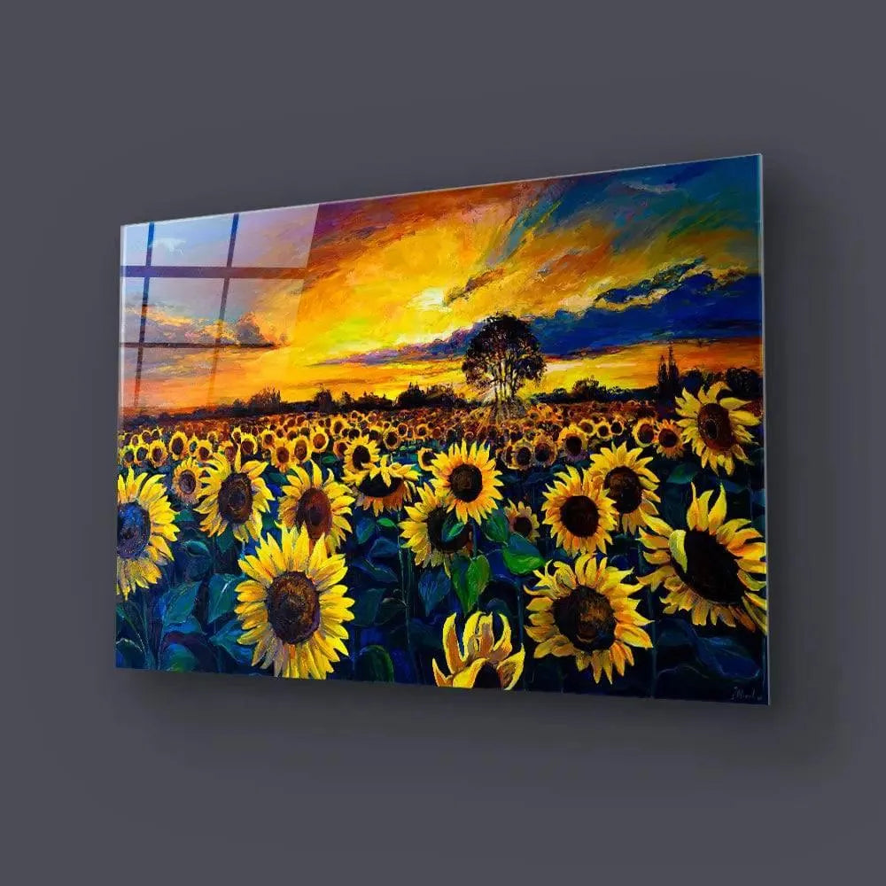 Vibrant sunflower field at sunset on decorative glass wall art, ideal for luxury interiors