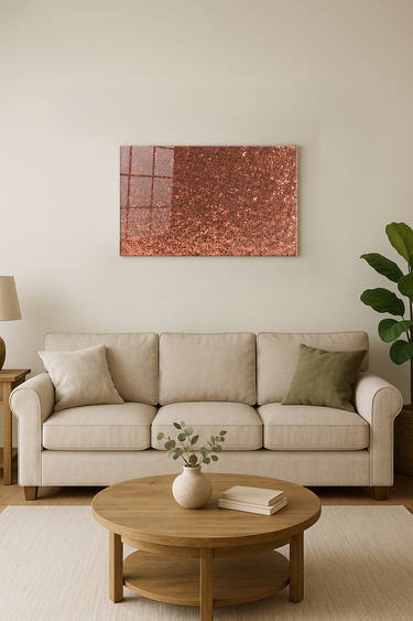 Modern living room with beige sofa, round wooden coffee table, green plant, and copper glitter wall art