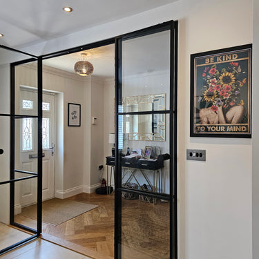 Lumi Grid – Double Hinged Glass Door with 2 side panels, Knob and Frame – PMF