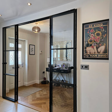 Lumi Grid – Double Hinged Glass Door with 2 side panels, Knob and Frame – PMF