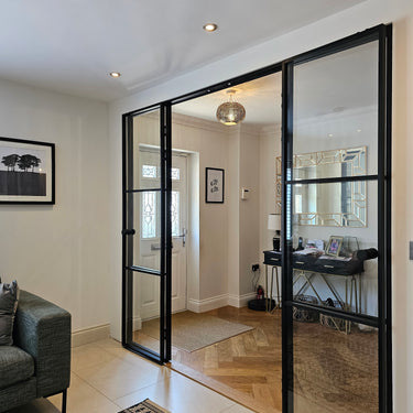 Lumi Grid – Double Hinged Glass Door with 2 side panels, Knob and Frame – PMF