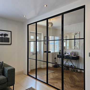 Lumi Grid – Double Hinged Glass Door with 2 side panels, Knob and Frame – PMF