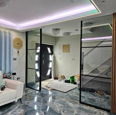 Studio Grid – Double Sliding Glass Door with Two Side Panels – PMF - CreoGlass®