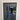 Modern double hinged black metal frame glass door with reflective surface in bright interior