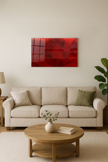 Modern living room with beige sofa, wooden coffee table, and red abstract geometric wall art