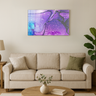 Modern living room with beige sofa and purple blue abstract wall art above it