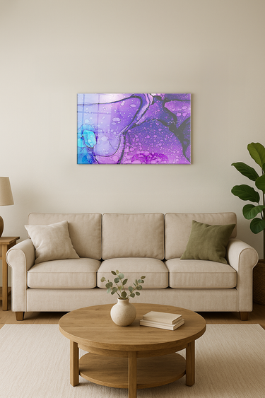 Modern living room with beige sofa and purple blue abstract wall art above it