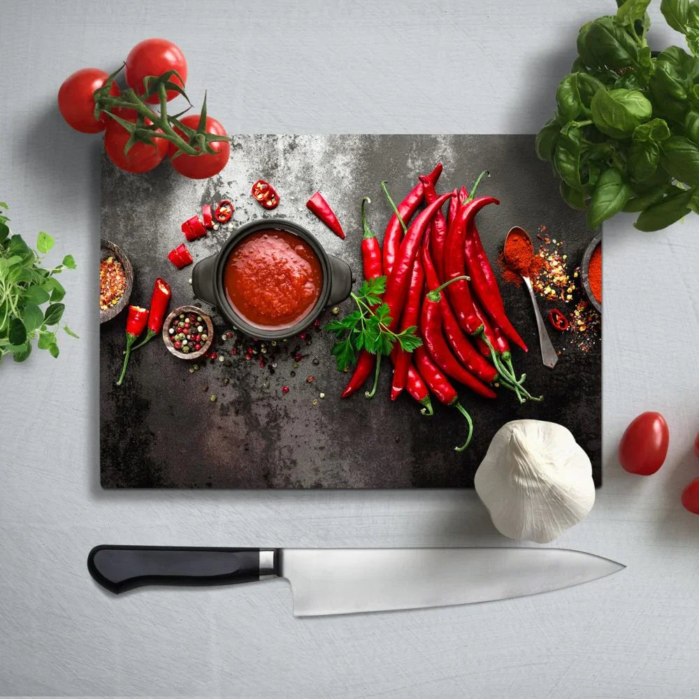 Bunch of Red Chillies Glass Chopping Board and Worktop - CreoGlass®
