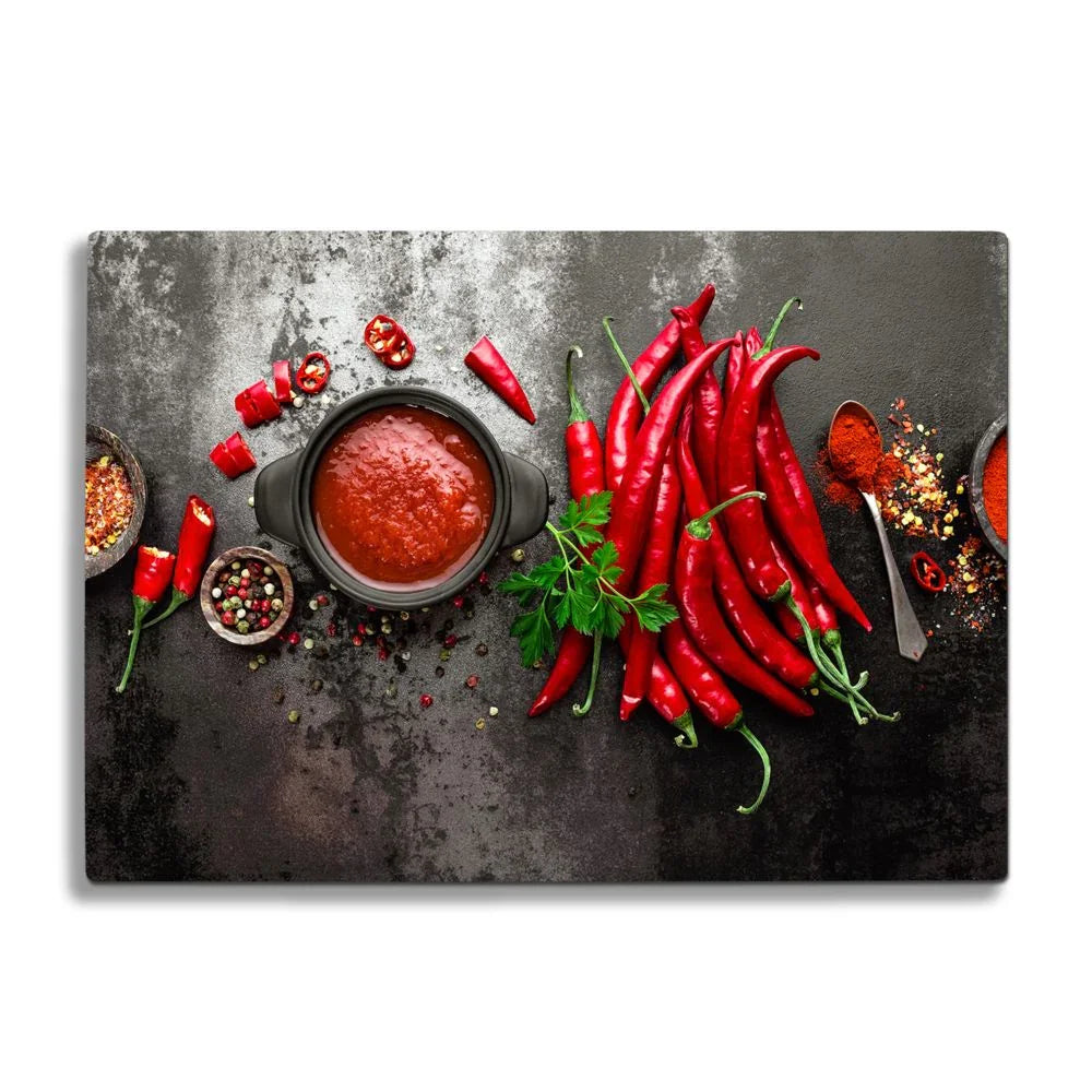 Bunch of Red Chillies Glass Chopping Board and Worktop - CreoGlass®