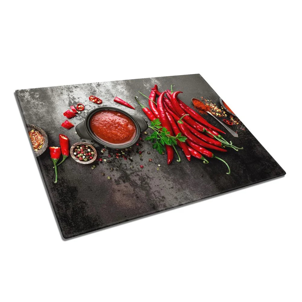 Bunch of Red Chillies Glass Chopping Board and Worktop - CreoGlass®