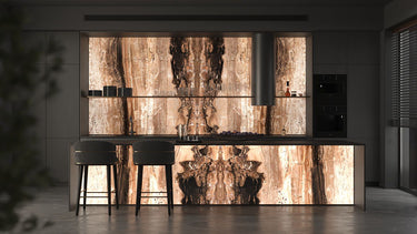 Modern kitchen with a large decorative LED back illuminated backsplash featuring a wood grain pattern.