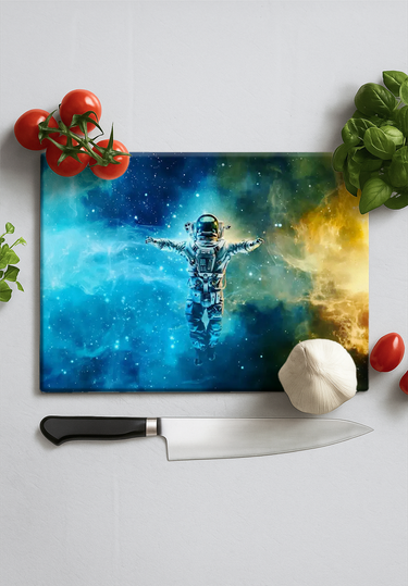 Colorful astronaut design glass chopping board with tomatoes, basil, garlic, and knife on white surface