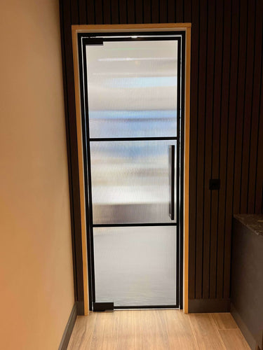 Axis Grid – Single Hinged Door with Knob and Frame – internal steel and glass door, photo 3