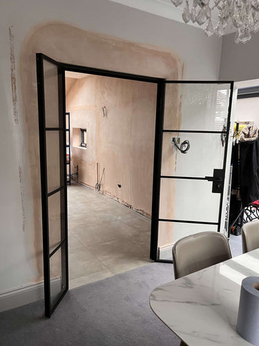 Elegance Grid – Double Hinged Glass Door with Handle and Frame – internal steel and glass door, photo 2