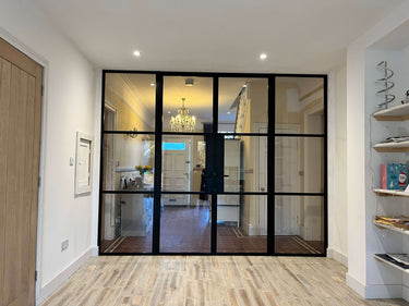 Lumi Frame – Double Hinged Glass Door with 2 side panels, Knob and Frame – internal steel and glass door, photo 1