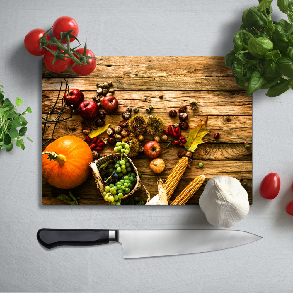 Garden Fruits on Wooden Board Glass Chopping Board and Worktop - CreoGlass®