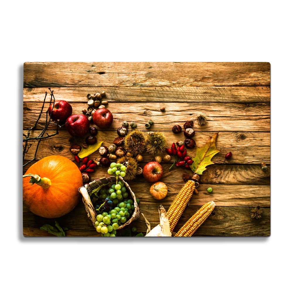 Garden Fruits on Wooden Board Glass Chopping Board and Worktop - CreoGlass®