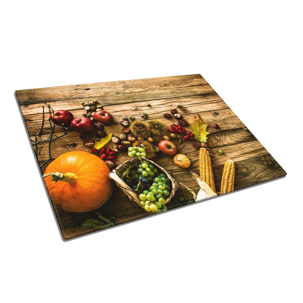 Garden Fruits on Wooden Board Glass Chopping Board and Worktop - CreoGlass®
