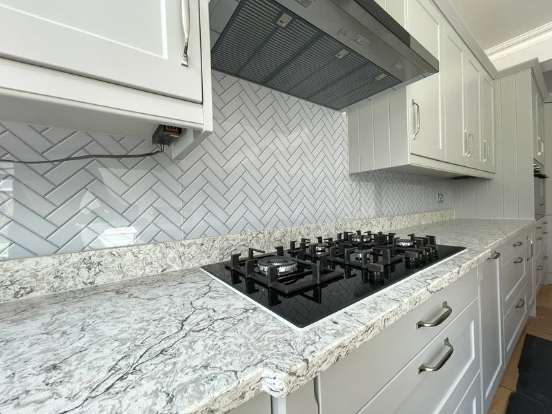 Herringbone Grey Printed Glass Splashback - Bespoke - CreoGlass®