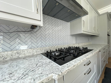 Herringbone Grey Printed Glass Splashback - Bespoke - CreoGlass®