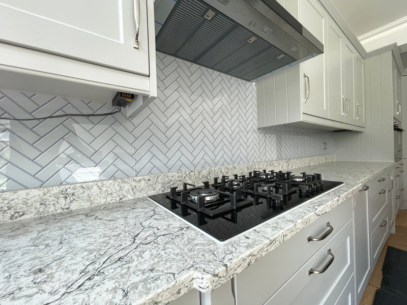 Herringbone Grey Printed Glass Splashback - Bespoke - CreoGlass®