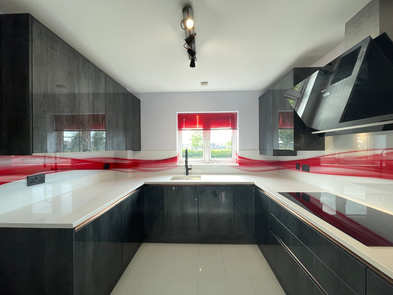 Fiery Red Printed Wave Glass Splashback – Bespoke - CreoGlass®