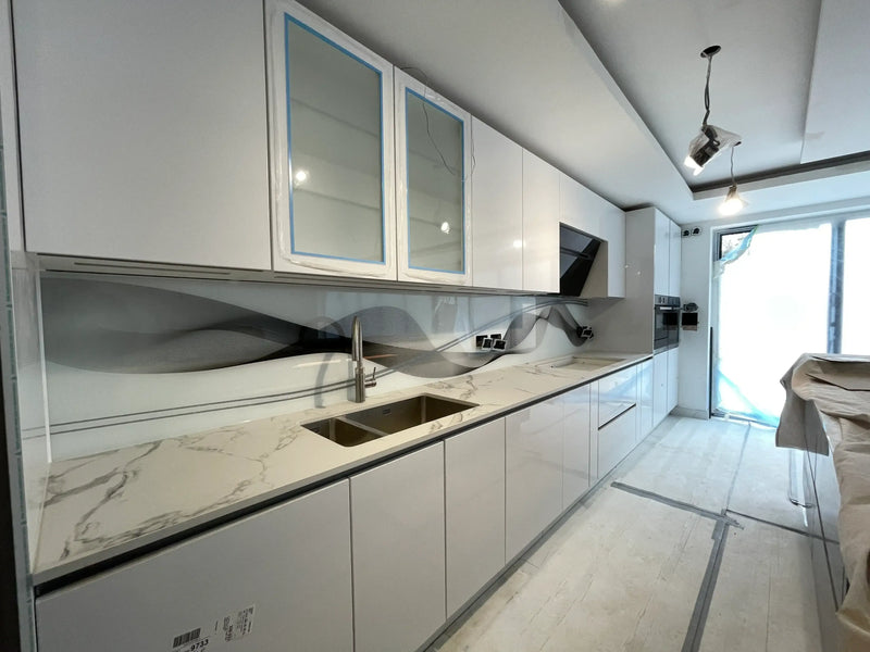 Black & Grey Printed Wave Glass Splashback – Bespoke - CreoGlass®