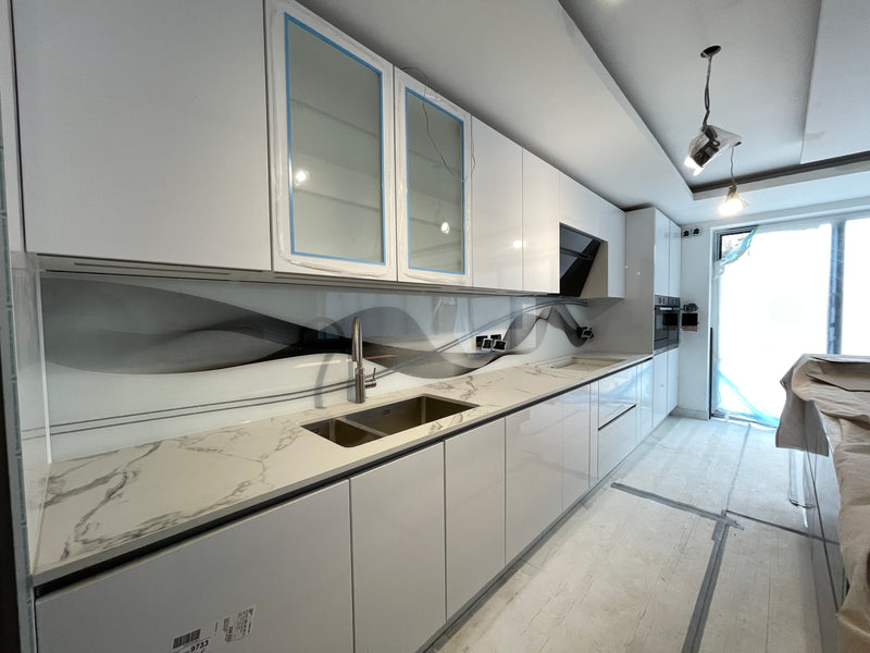 Black & Grey Printed Wave Glass Splashback – Bespoke - CreoGlass®