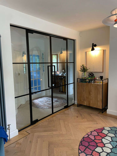 Studio Grid – Double Hinged Glass Door with 2 side panels, Handle and Frame – internal steel and glass door, photo 3