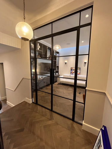 Loft Grid – Double Hinged Glass Door with 2 side panels, Latch and Frame – internal steel and glass door, photo 2