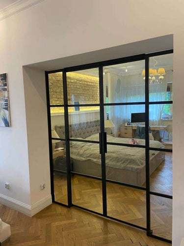 Vista Grid – Double Sliding Glass Door with Two Side Panels – internal steel and glass door, photo 1
