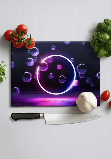 Neon purple bubbles design chopping board with kitchen knife, tomatoes, garlic, and basil on white surface