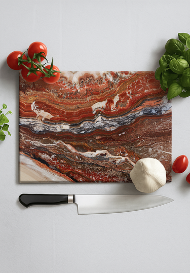 Premium stone patterned chopping board with fresh tomatoes, basil, garlic, and chef's knife on white surface