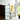 Modern interior with frosted glass hinged door, black frame console table, abstract yellow artwork, and large window