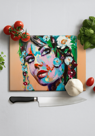 Colorful painted woman portrait with flowers, kitchen knife, garlic, tomatoes, and basil on white surface