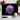Black chopping board with large purple dahlia print surrounded by tomatoes, garlic, basil, and chef knife on white surface