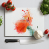 Glass chopping board with a red flower illustration, surrounded by tomatoes, garlic, basil, and a kitchen knife