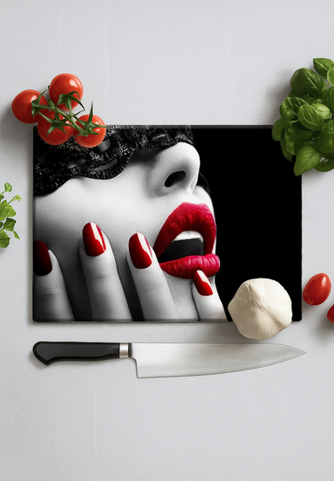 Cutting board with image of woman wearing black lace mask, red lips and nails, surrounded by knife, cherry tomatoes, garlic, and herbs