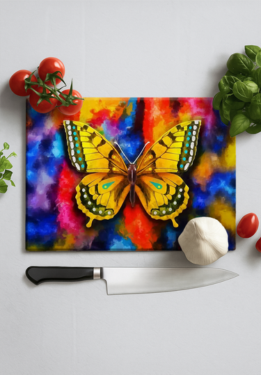 Colorful kitchen scene with a yellow butterfly chopping board, chef knife, tomatoes, garlic, and basil