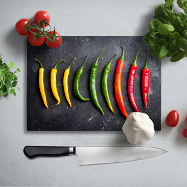 Yellow Green and Red Chilli Glass Chopping Board and Placemat - CreoGlass®