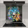 Vibrant lion art glass splashback in modern kitchen, featuring colorful abstract design and sleek black cooktop.