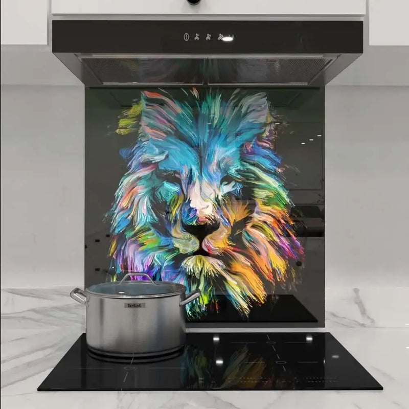 Vibrant lion art glass splashback in modern kitchen, featuring colorful abstract design and sleek black cooktop.