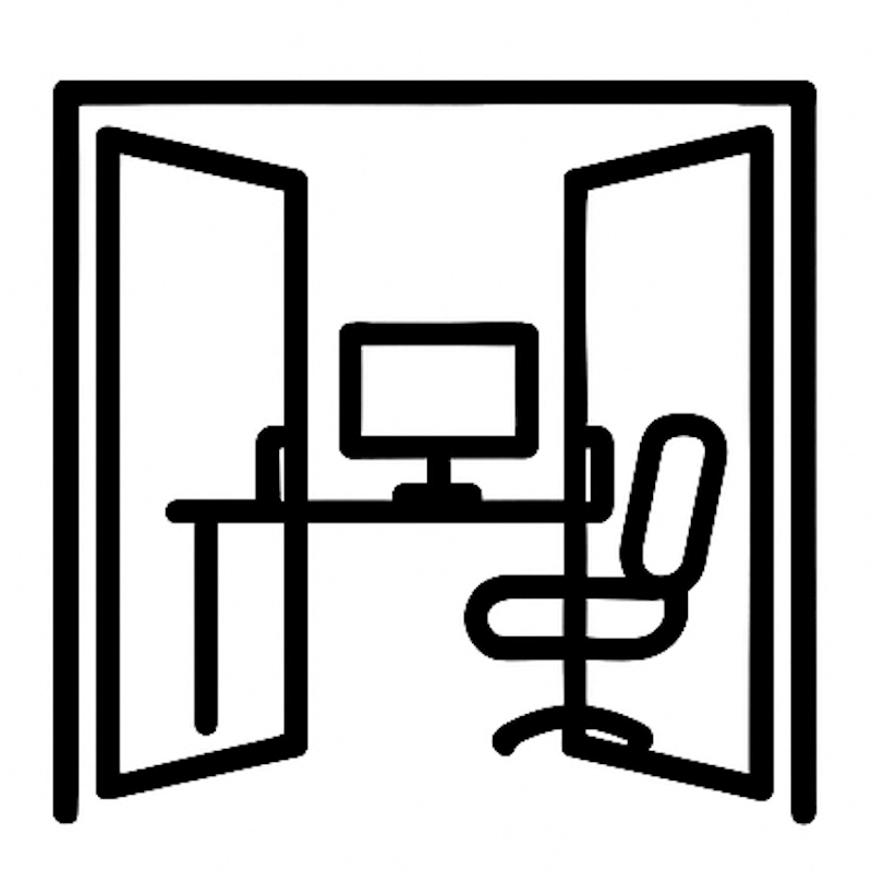 Icon of a desk with a computer and chair in an open office space.