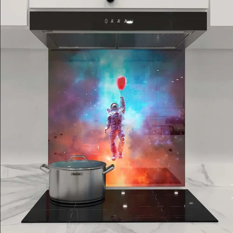 Custom glass splashback with astronaut and red balloon in cosmic nebula design for modern kitchen