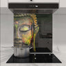 Bespoke decorative glass splashback with Buddha artwork in modern kitchen, featuring LED backlighting and sleek design